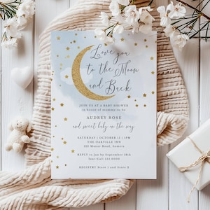 Blue Baby Shower Invitation Template | Editable Digital Download | Gold Glitter Moon & Stars | Love You to the Moon and Back Design #703