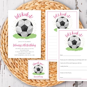 Editable Soccer Kick It Birthday Pink Party Set-Invitation Tags Thank you, Self-Edit Text, Instant Download, Corjl Templates #014