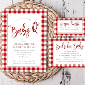 Gingham Baby Shower Templates | Editable Red Check Invitation, Book Request & Diaper Raffle | Edit Text/Colors Online, Digital Download-6200