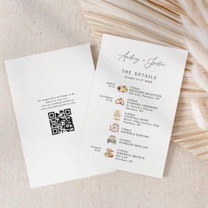 Linha do tempo do casamento, ícones de casamento em aquarela 4x6" Cartão de detalhes com código QR | Autoedição on-line, download digital, modelo editável 801