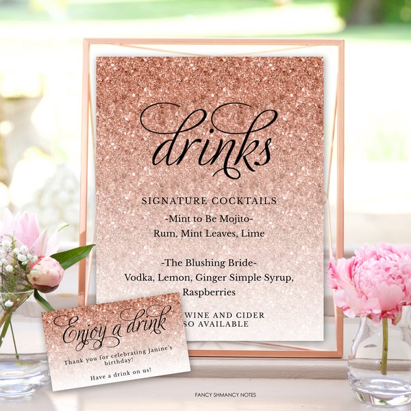 Rose Gold Glitter Editable Drink Tickets and Signs (3 Sizes), Self-Edit, Signature Party Drink Menu, Instant Download, Corjl Template #1435