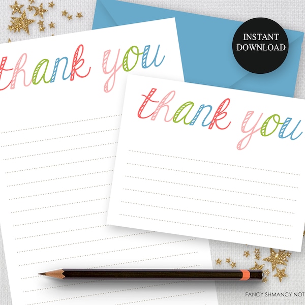 Printable Thank You Notes, Rainbow Script, Kids Girls Teen Stationery Lined or Unlined Script Colorful Note, Instant Download, Print at Home