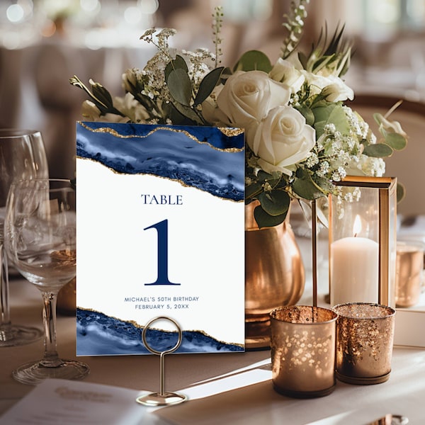 Blue and Gold Agate Editable Table Numbers 4x6 & 5x7, Navy Blue and Gold Seating Card, Self-Edit, Instant Download Corjl Template #137