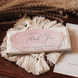 Candy Bar Wrapper, Pink Watercolor & Gold Frame | Edit Text Online | Sized For 1.55 oz Candy Bar | Digital Download, Editable Template #010