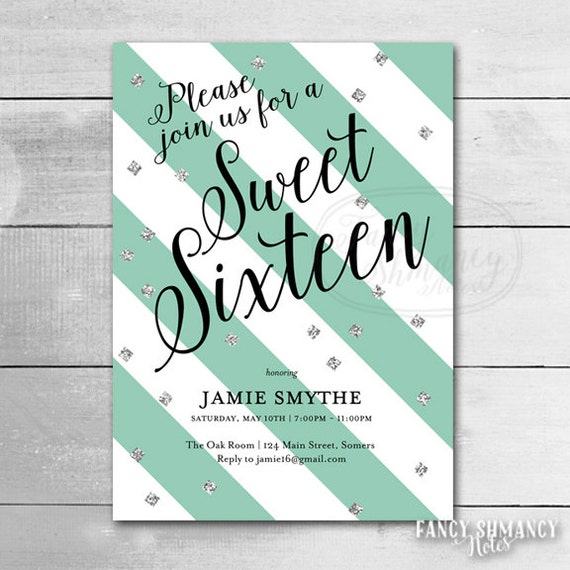 Printable Sweet 16 Invitation, Brush Script and Silver Glitter, Customize your Colors , Printable Digital Invitation, 42816 Il_570xn