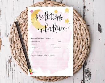 Voorspellingen en advieskaarten roze over de maan, babyshoweractiviteit, thema maan en sterren, instant digitale download, afdrukbaar bestand #721