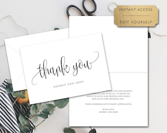 Personalized Thank You Folded Note Card | Black White Minimalist Script | Size A2 Editable Template-916