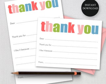 Printable Fill In Thank You Notes, Bright Rainbow Chunky Print, 2 Sizes, Printable Stationery, Children Kids Thank You, Instant Download