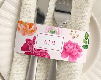 Pink Peony Paper Napkin Ring | Personalized Napkin Band | Pink and Orange Bright Flower Design | Digital Download, Editable Template 119