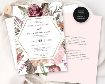 Modern Editable All in One Wedding Invitation Template, Boho Burgundy and Blush Roses, Edit Yourself Corjl Editable Template 618