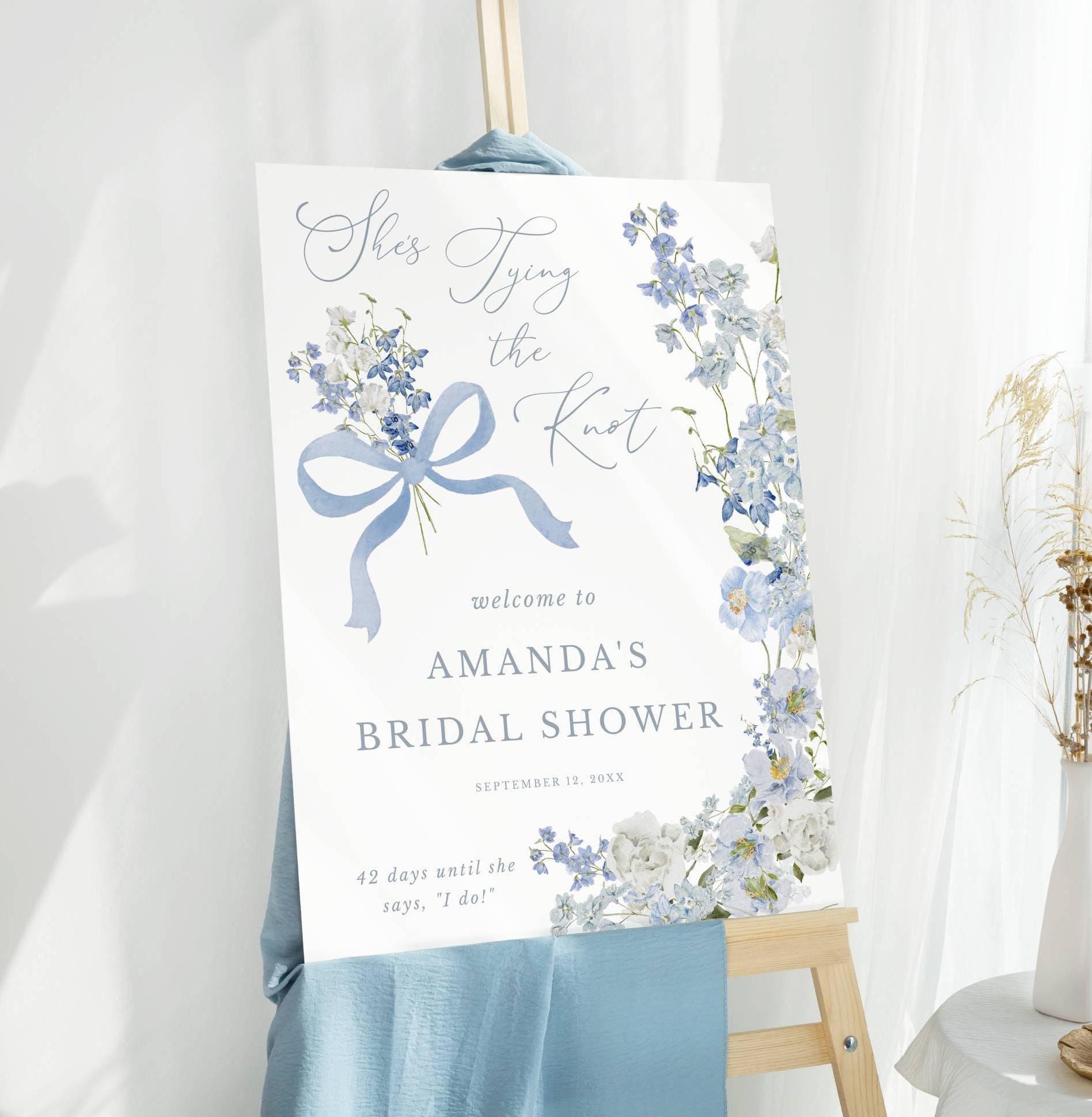 She's Tying The Knot Bridal Shower Welcome Sign | Delicate Blue Flowers & Blue Bow | 3 Sizes |  Digital Download, Editable Template 203