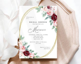 Burgundy and Pink Floral Editable Bridal Shower Invitation, Corjl Template 040