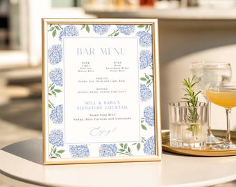 Blue Hydrangea Bar Menu & Signature Drink Sign, 8x10 Editable Template, Floral Frame Design for Wedding, Shower, Party 428