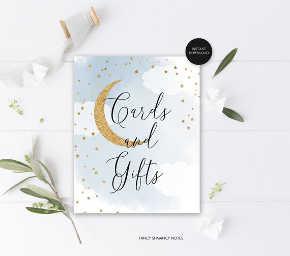 Cards and Gifts Baby Shower Sign, Over the Moon, Glitter Moon and Twinkle Stars, Instant Download, Printable File #703 Il_570xn