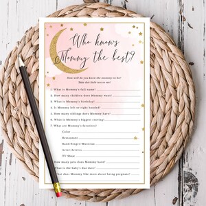 Afdrukbare Pink Over the Moon Baby Shower Game Card, Who Knows Mommy Best, Pink Sky Gold Glitter maan en sterren, Instant Download 703