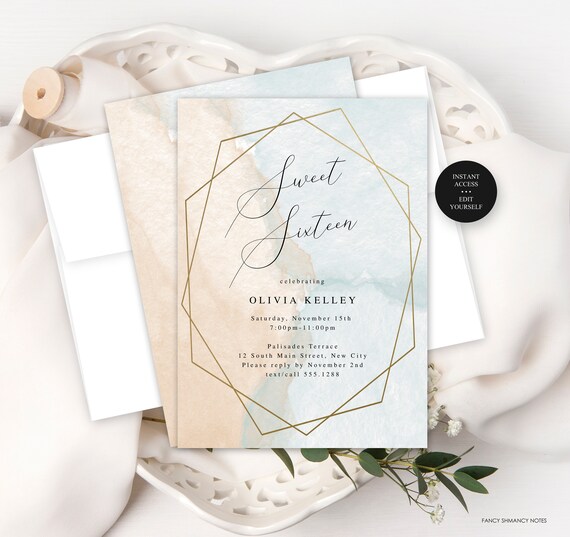 Editable Watercolor Sweet 16/Any Age Birthday Party Invitation, Peach, Mint, Gold Geo Frame, Digital Invitation, Instant Download-2270 Il_570xn