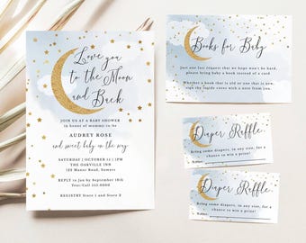 Baby Shower Template Set | Blue & Gold Moon and Stars Design | Editable Invitation, Book Request, Diaper Raffle | Digital Download #703