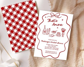 Invitación para despedida de soltera "Red That's Amore", invitación online con temática italiana, bocetos de comida dibujados a mano y marco con garabatos, plantilla editable Corjl 317