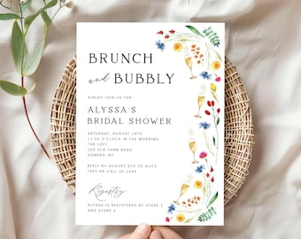 Invitación editable para brunch con flores silvestres y despedida de soltera con champán. Copas de champán y flores silvestres. Descarga instantánea. Plantilla editable 182.