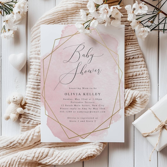 Blush Pink Baby Shower Editable Invitation Template |  Pink with Gold  Frame | Baby Girl Shower | Edit Online, Digital Download 010