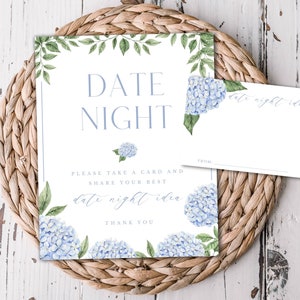 Letrero de hortensia azul para una cita nocturna y tarjetas imprimibles, despedida de soltera, flores de hortensia azul en acuarela, descarga instantánea, archivo imprimible 428
