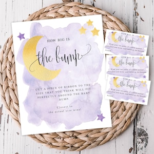 Roxo sobre a lua Quão grande é a barriga, Meça a barriga da mamãe, Tema de lua e estrelas roxas, Placa e cartões, Download digital instantâneo #721