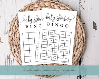Baby Bingo Game Cards-Set 1 Baby Shower Game Fancy Script, 50 Prefilled Cards, Blank Cards, Calling Cards Printable PDF Instant Download 916