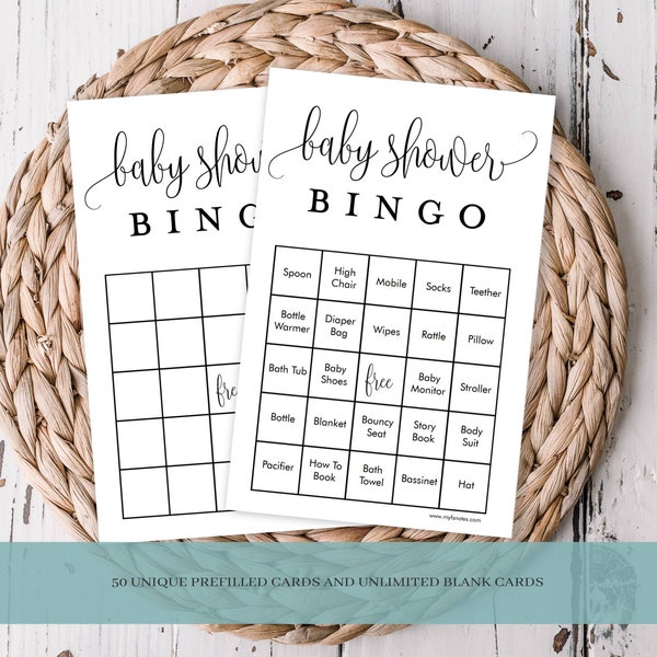 Baby Bingo Game Cards-Set 1 Baby Shower Game Fancy Script, 50 Prefilled Cards, Blank Cards, Calling Cards Printable PDF Instant Download 916