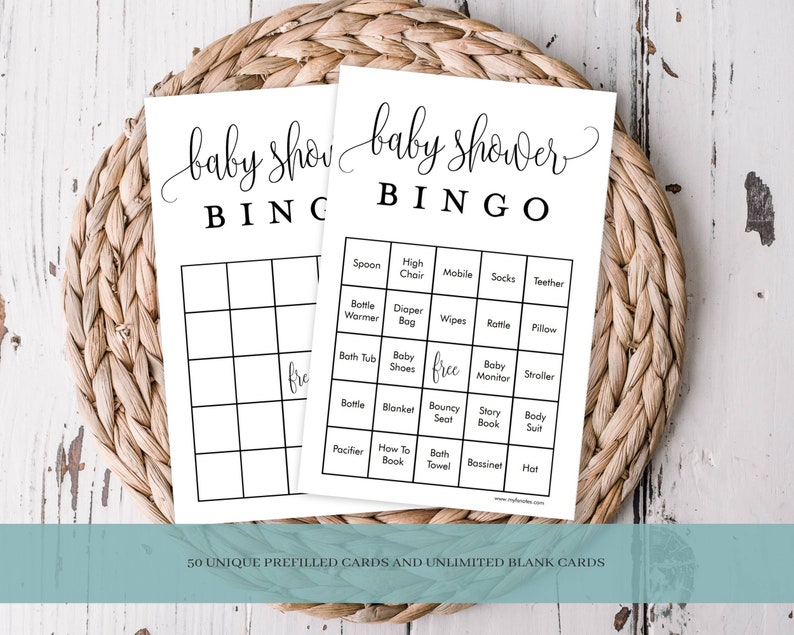 Baby Bingo Game Cards-Set 1 Baby Shower Game Fancy Script, 50 Prefilled Cards, Blank Cards, Calling Cards Printable PDF Instant Download 916 image 1