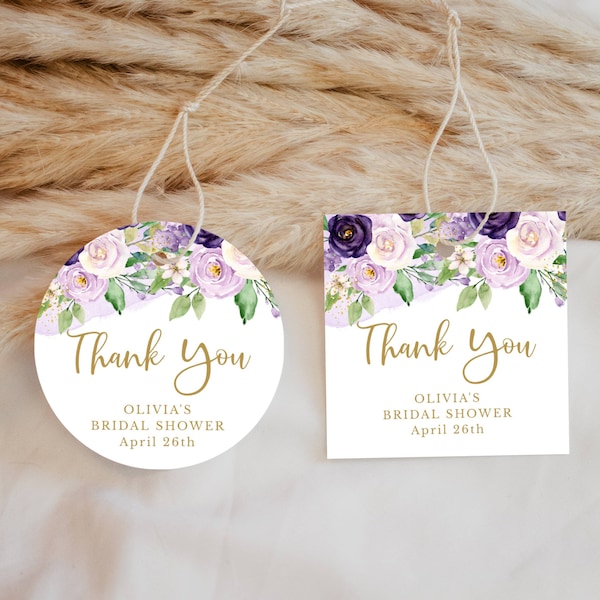 Purple Floral Editable Thank You Favor Tags or Stickers, ANY EVENT, 3 sizes Circle or Square, Edit Text, Instant Download CORJL Template 718