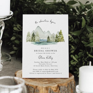 A New Adventure Bridal Shower Editable Invitation | Rustic Watercolor Lake, Mountains & Trees |  Digital Download, Editable Template  023