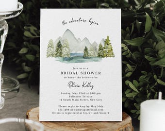 A New Adventure Bridal Shower Editable Invitation | Rustic Watercolor Lake, Mountains & Trees |  Digital Download, Editable Template  023
