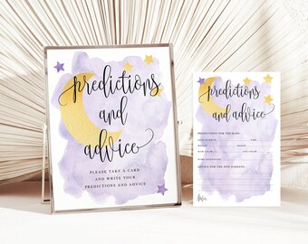 Afdrukbaar Over the Moon paarse, gele maansterren, voorspellingen en advieskaarten en bord, babyshowerspelvoorspelling direct downloaden #72