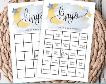 Blue Over the Moon Baby Shower Bingo Game | Blue Moon & Stars | 50 Unique Prefilled Bingo Cards and Blank Cards, Instant Download 721