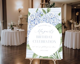 Birthday Party Welcome Sign, Blue Hydrangea, Corjl Editable Template 428