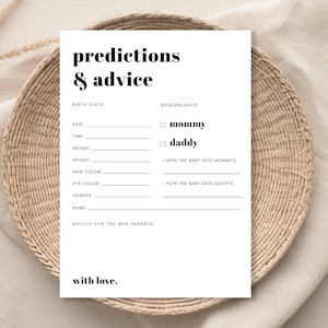 Prédictions et conseils pour une baby shower | Imprimé épais minimaliste, non sexiste |  Cartes imprimables 5 X 7" | Téléchargement instantané 847