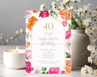Pink Peony Birthday Party Invitation, Edit for Any Age | Bright Pink & Orange Arched Flower Frame |  Digital Download, Editable Template 119