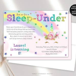 Sleep-Under Editable Birthday Party Invitation, Rainbow Unicorn, Girls Child Kids, Print or Text, Instant Download, Corjl Template 214