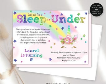 Sleep-Under Editable Birthday Party Invitation, Rainbow Unicorn, Girls Child Kids, Print or Text, Instant Download, Corjl Template 214