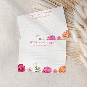 Advieskaarten voor roze pioenrozen en wensen voor de bruidsdouche | Roze en oranje bloemen: 4 x 6 inch | Zelf afdrukken, direct downloaden 119