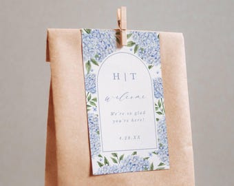 Welcome Bag Tag or Sticker, Blue Hydrangea Arch, CORJL Editable Template 428