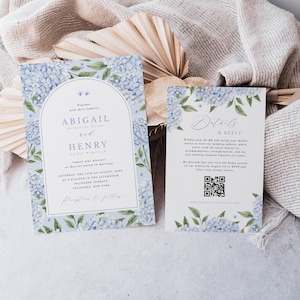 Ensemble de modèles de faire-part de mariage moderne bleu hortensia | Invitation et carte détaillée avec code QR RSVP | Fleurs bleues | Modèle modifiable 428