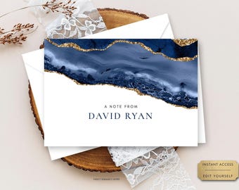 Blauwe agaat bewerkbare bedankkaart gevouwen, marineblauwe en gouden geoderots, gepersonaliseerd briefpapier, CORJL-sjabloon direct downloaden 137