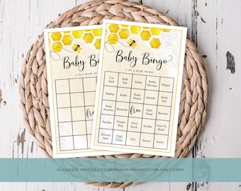 Baby Bingo Game Cards Honey Bee Baby Shower Game, 50 Prefilled Cards, Blank Cards, Calling Cards Printable PDF Instant Digital Download 033