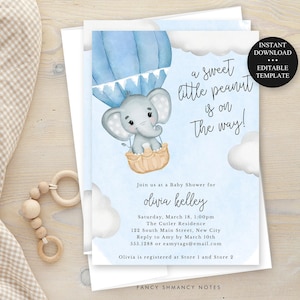 Elephant Blue Baby Shower Editable Invitation, Blue Watercolor LIttle Peanut Elephant, Print or Text, Instant Download, CORJL Template  032