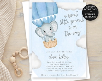 Elephant Blue Baby Shower Editable Invitation, Blue Watercolor LIttle Peanut Elephant, Print or Text, Instant Download, CORJL Template  032