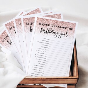Jogo de festa de aniversário para impressão para ela, confete rosa glitter, 20 perguntas, quem conhece melhor a aniversariante, download digital instantâneo-133