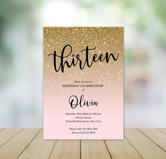 Gold Glitter Fade Light Pink Thirteen 13th Birthday-Any Age Editable ...