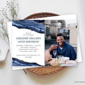 Blue Agate 40th Birthday Photo Invitation for Him-Any Age, Editable Text, Navy, 4x6, 5x7, Print/Text, Instant Download, Corjl Template-137