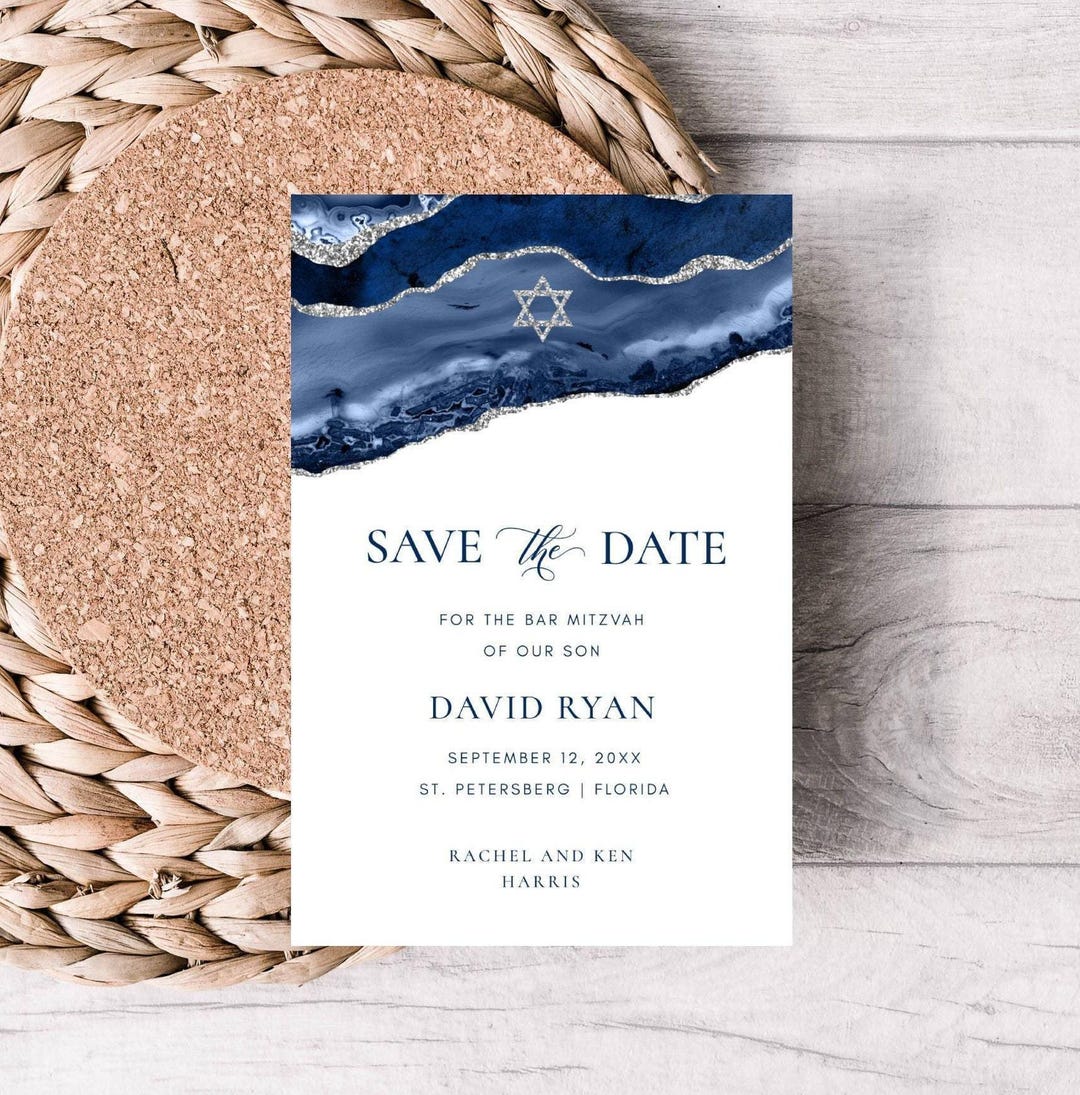 Bar Mitzvah Save the Date Template, 4x6" Blue & Silver Agate Design